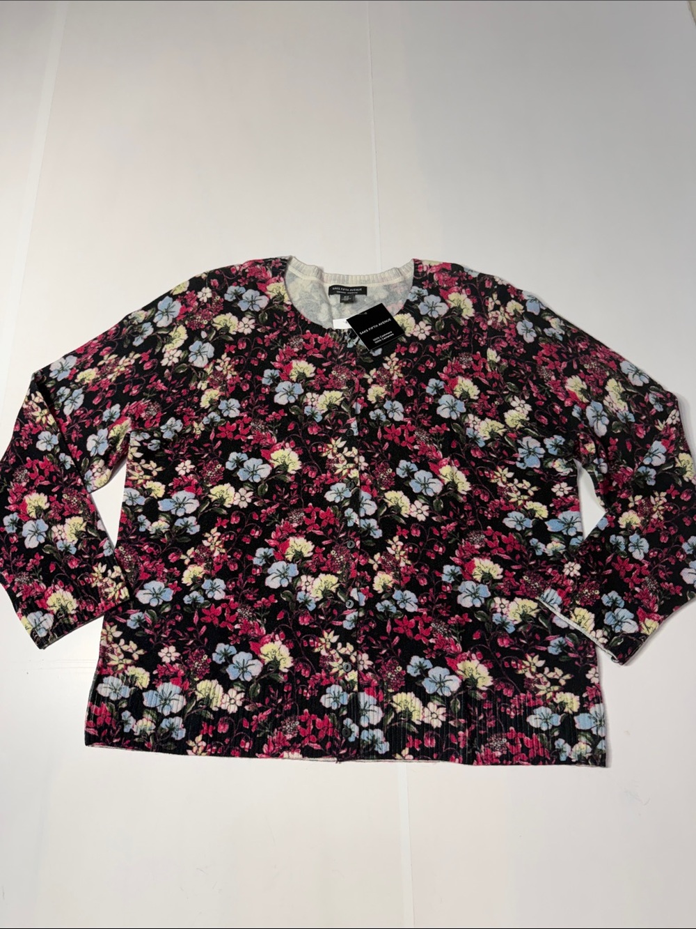 Saks Fifth Avenue 100% Cashmere Black Floral Long Sleeve Cardigan XL NWT